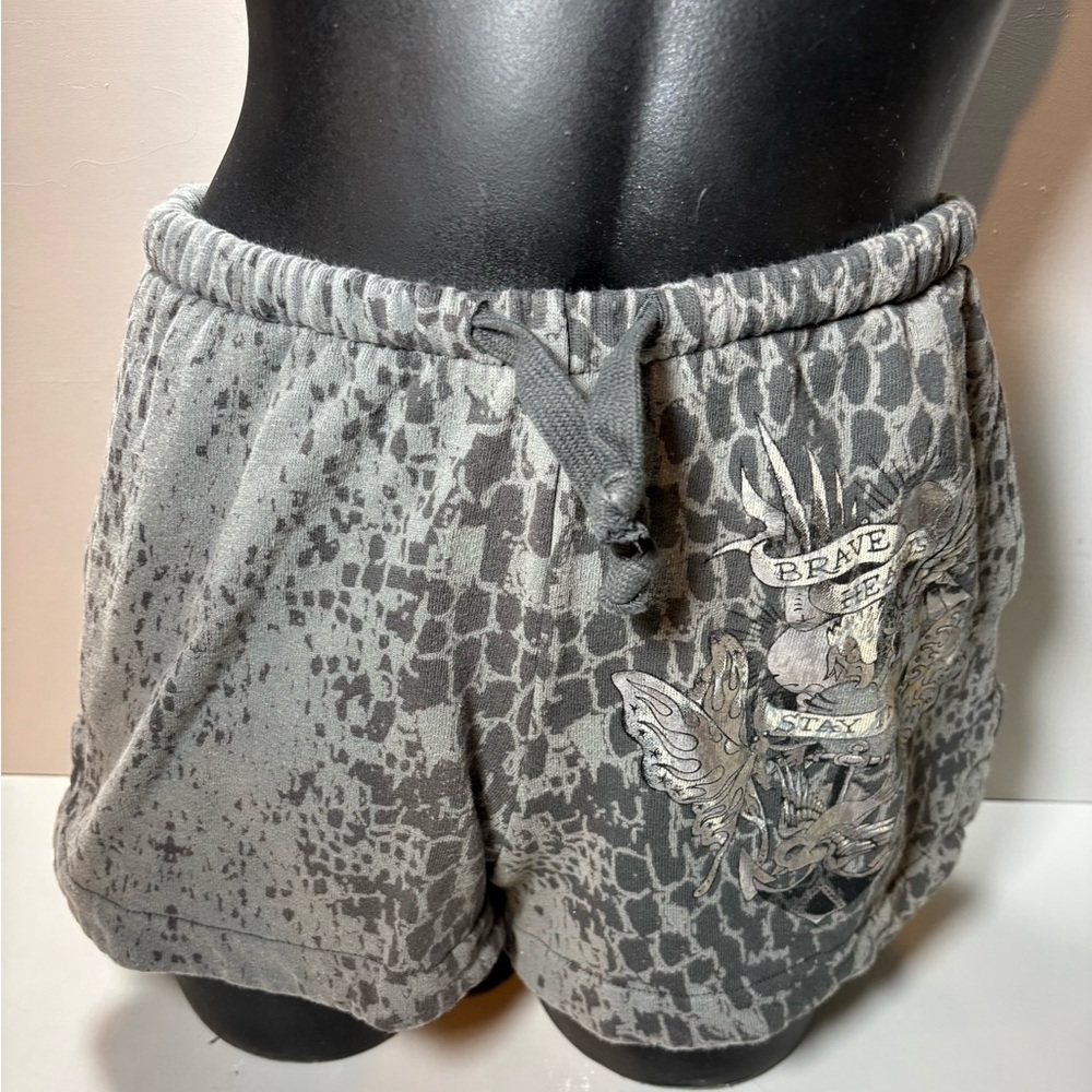 Y2K Ed Hardy Gray Animal-Print Athletic Shorts with Graphic